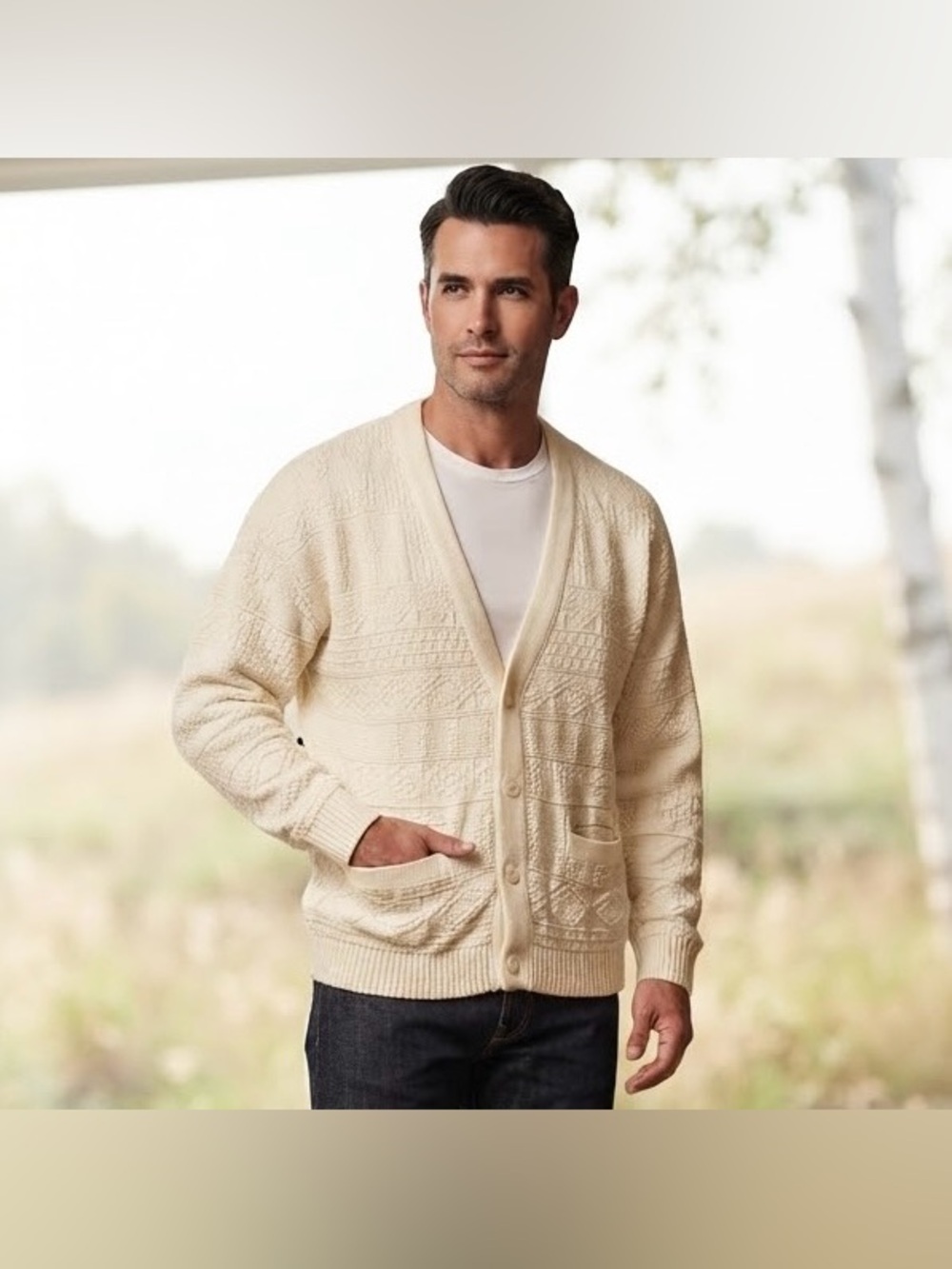 Tip Top Tailors Vintage Men Knit Sweater Cardigan Off White Textured Size M